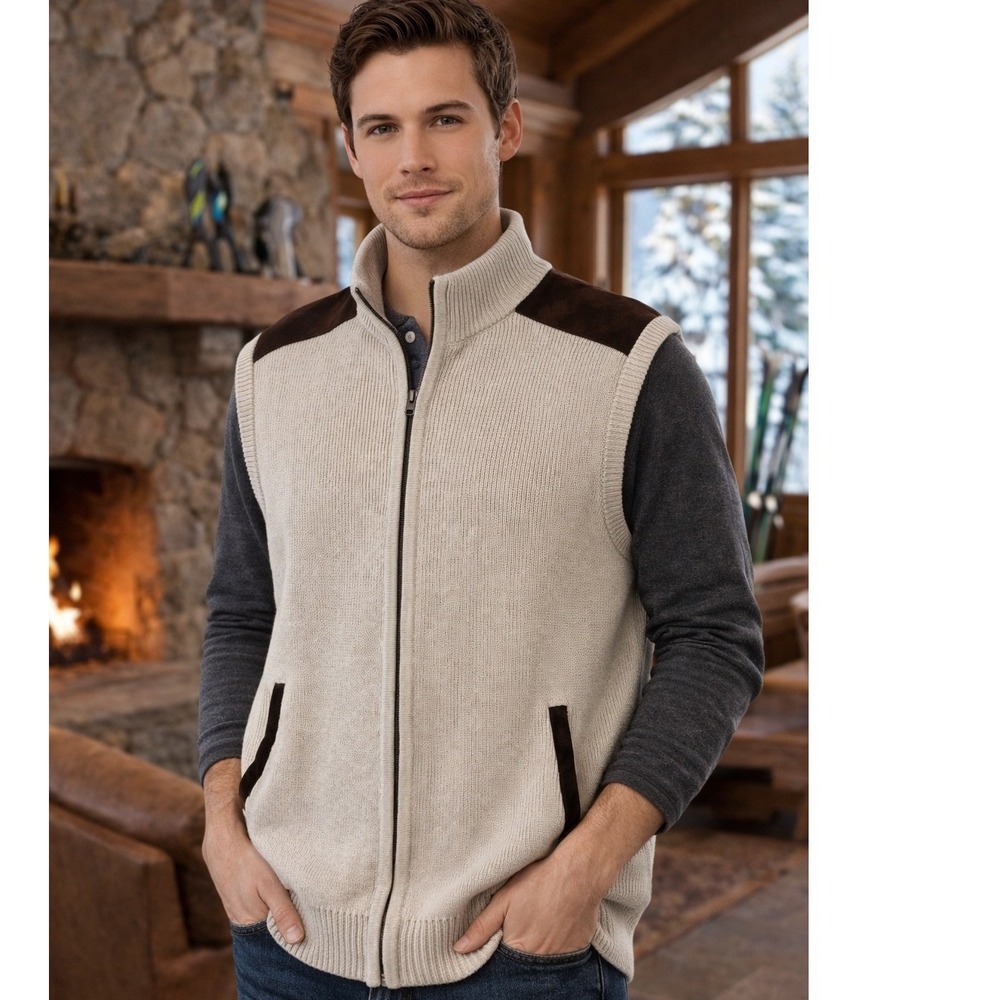 Chaps Mens XL‎ Beige Knit Sweater Vest Full Zip Mock Neck Academia Outdoor Dad